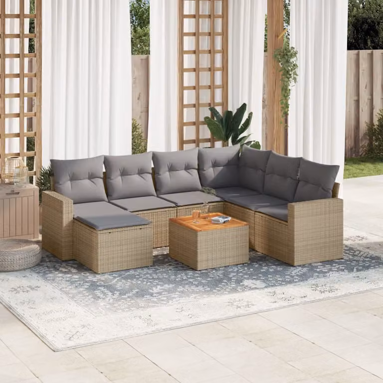 Set Divano da Giardino a L vidaXL 8 pz in Polyrattan con Cuscini Beige e Tavolino da Esterno