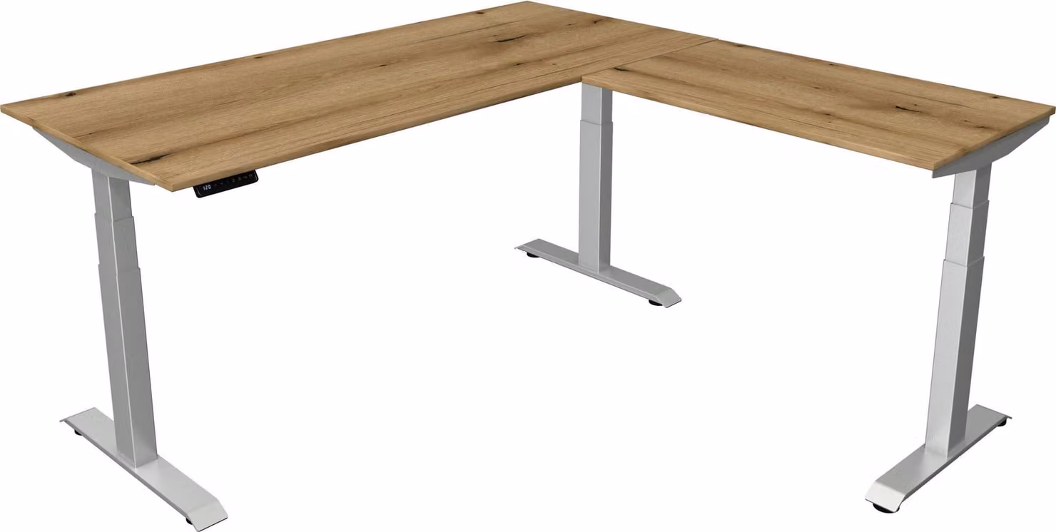 Combinazione angolare Move 4, regolabile elettricamente in altezza, colore telaio:argento, dimensioni combinazione angolare:180 x 180 cm, colore piano tavolo:rovere