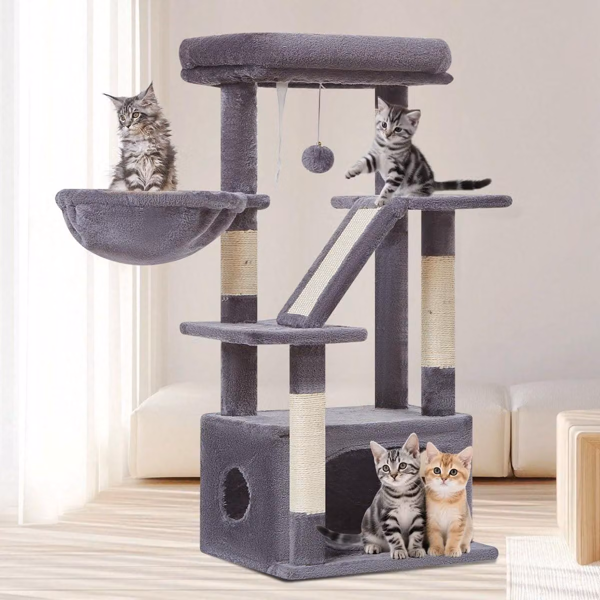 Tiragraffi per gatti - 98 cm - 4 tiragraffi - Grigio scuro - Albero per gatti con amaca e grotta