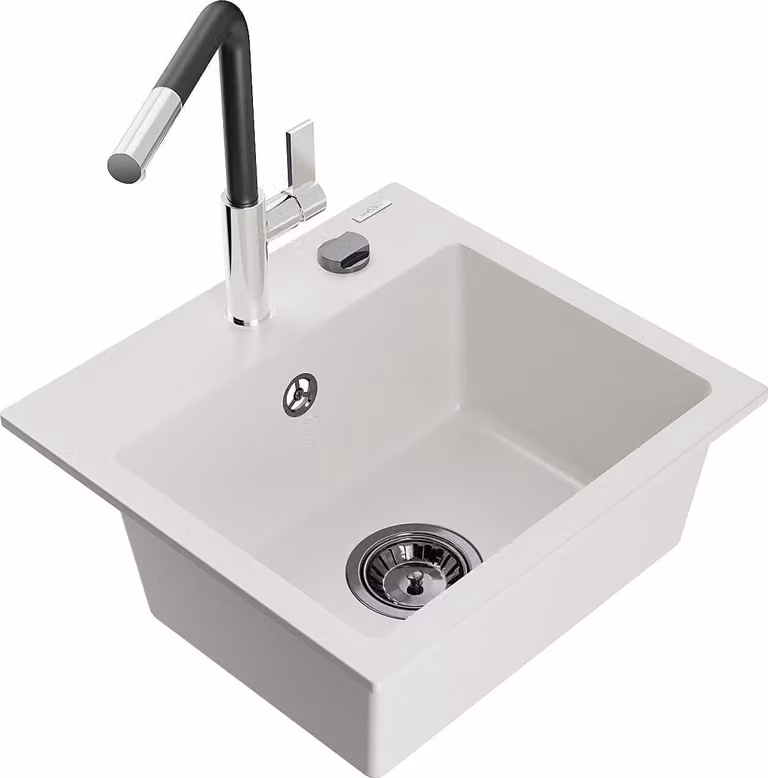 Mexen Milo lavello in granito a 1 vasca con miscelatore da cucina Flora, bianco - 6505-20-670401-07-B