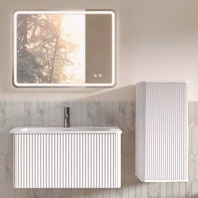 Set mobile bagno sospeso bianco con lavabo, specchio LED e colonna laterale