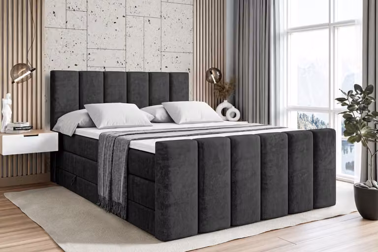Letto boxspring ALTDECOR con pediera, 2 materassi e topper - 200x200 cm - BOXI1-Z KING - Velluto nero - Letto imbottito con materassi H3 e H4, contenitore e rete a doghe, letto con spazio contenitivo