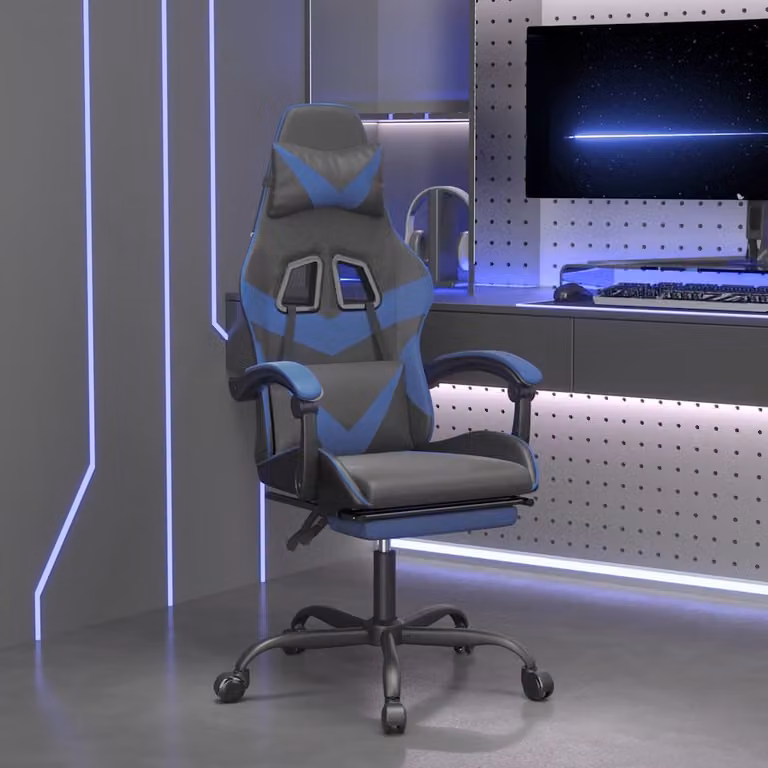 vidaXL Sedia da Gaming Girevole con Poggiapiedi in Similpelle, Colore Nero e Blu