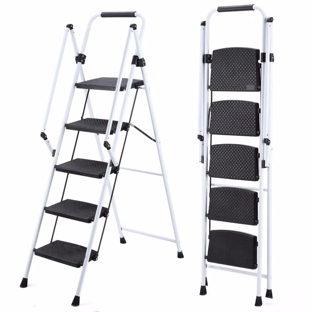 Scaletta Pieghevole MINIMAL in Acciaio Bianco con 5 Gradini Antiscivolo, Portata 150 kg – 2
