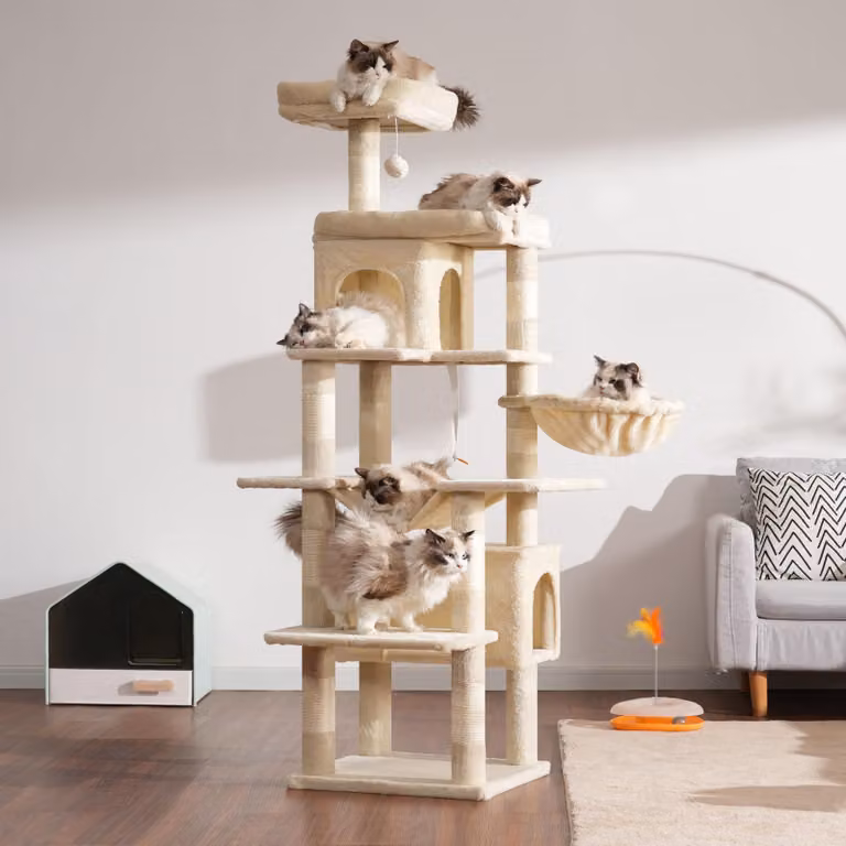 Albero per gatti alto 178 cm, con 8 pali per graffiare, 2 tane, 2 piattaforme, ideale per gatti da interno