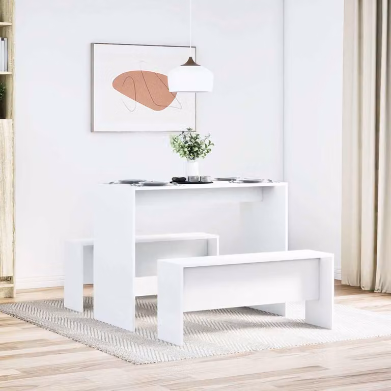 Set Tavolo da Pranzo con 3 Panche vidaXL Bianco Moderno in MDF