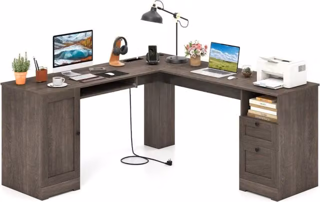 Scrivania a L per gaming lavoro e scrittura 168 x 168 x 76 cm, Scrivania angolare moderna con 2 prese Grigio