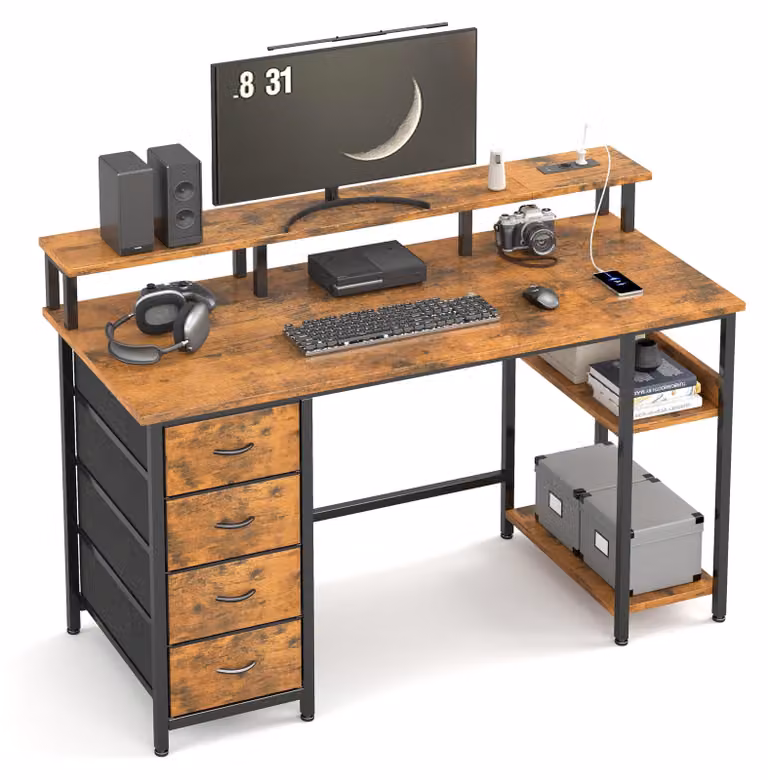Scrivania per computer con cassetti - 120 x 50 cm - Quattro cassetti imbottiti - Porte USB - Marrone - Scrivania da gaming