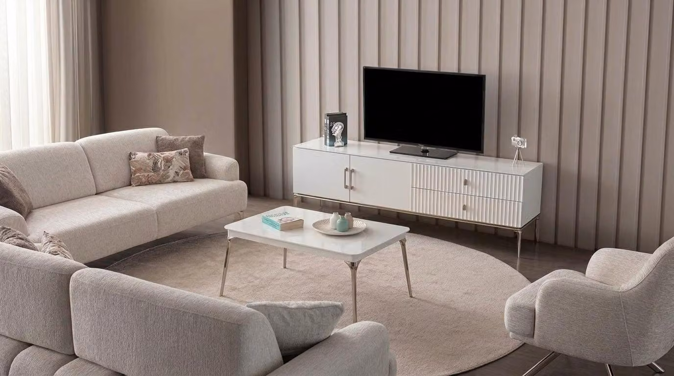 Set per soggiorno: mobile TV, tavolino, stile moderno, bianco, funzionale
