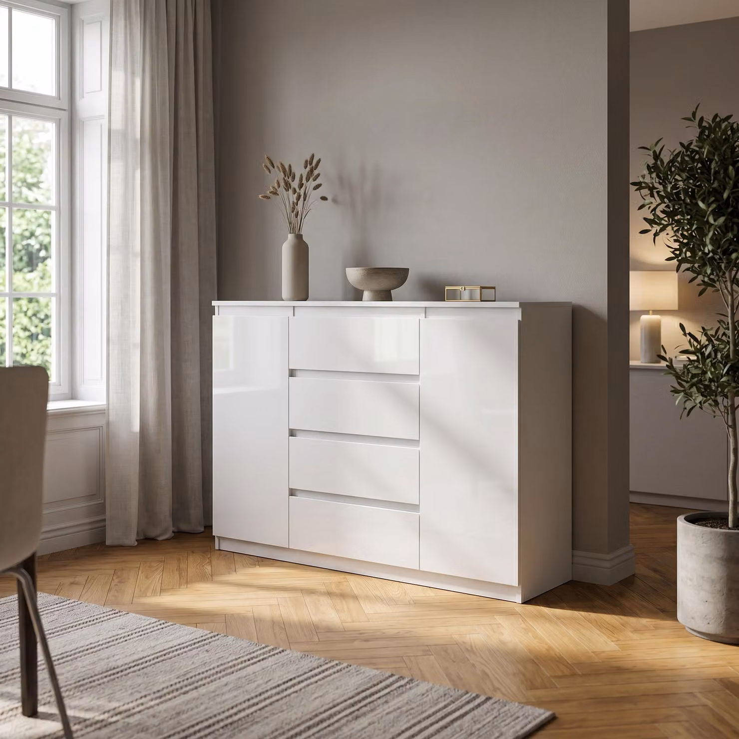 Comodà Masseno NUDO da 120 cm con 4 cassetti e 2 ante per soggiorno e camera da letto, stile moderno, 120x39x101,5 cm, bianco / bianco