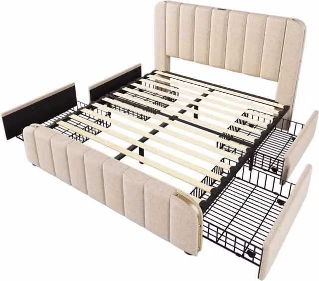 Letto matrimoniale moderno beige con 4 cassetti, testiera imbottita e porte di ricarica USB e Type-C, L/P/H: 140 x 200 x 147 cm