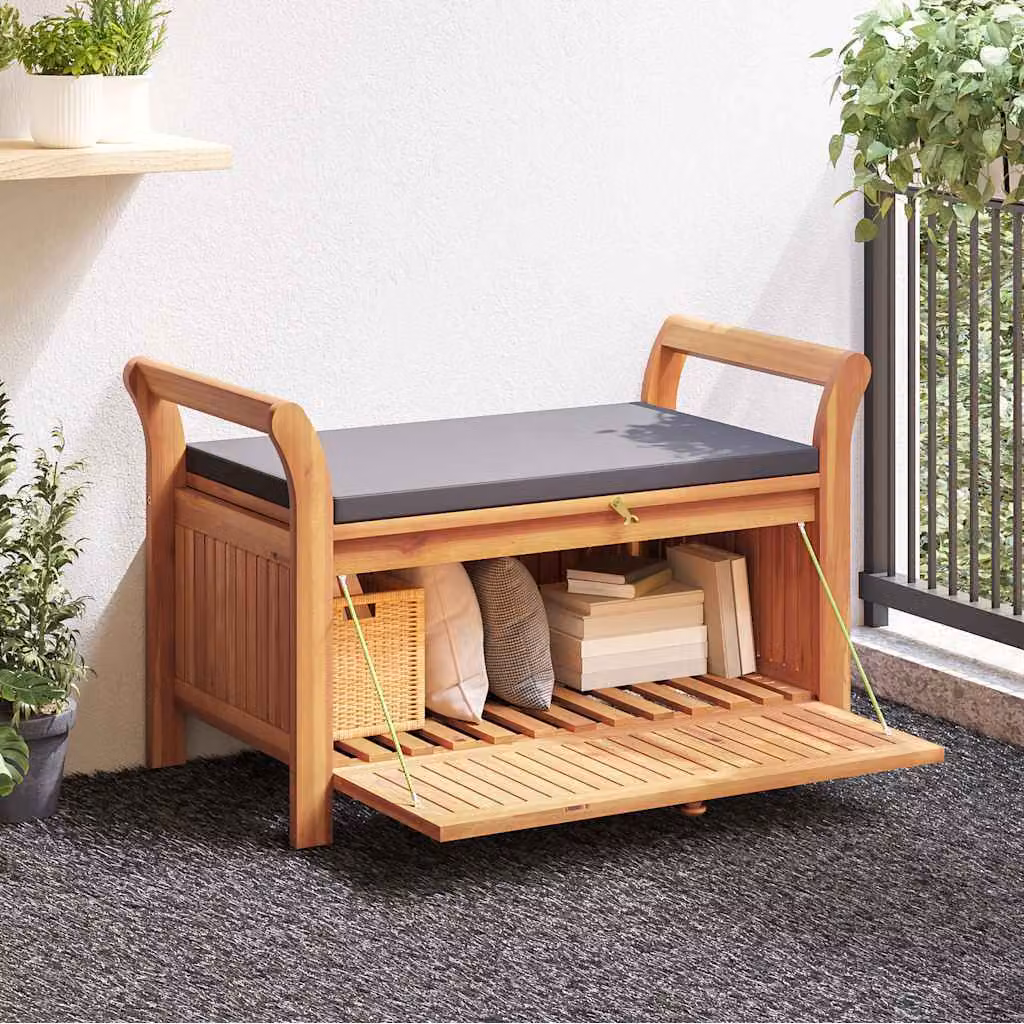 vidaXL Panca Portaoggetti da Giardino in Legno di Acacia con Cuscini e Braccioli, L: 91 cm, P: 43 cm, H: 50 cm
