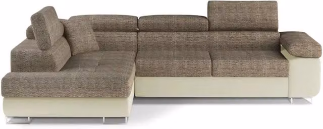 Divano angolare trasformabile MENTON MEUBLORAMA beige e marrone in tessuto bouclé con angolo sinistro, vano contenitore e funzione letto per il tuo soggiorno L/P/H: 272 x 145 x 85 cm