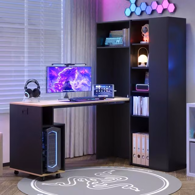 Scrivania pieghevole REDOM in MDF nero e marrone con presa USB L: 104,5 cm, P: 30,5 cm, H: 160 cm