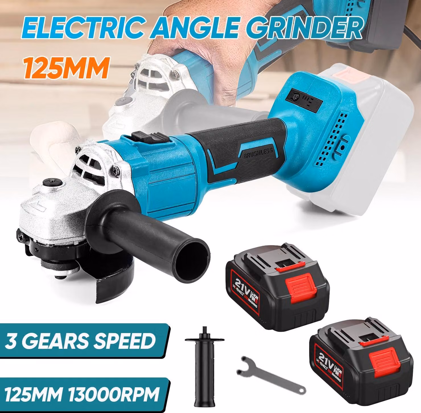 Smerigliatrice angolare senza fili - 125 mm, motore brushless, 1000 W - Controllo della velocità a 3 livelli - 21 V - Include 2 batterie - Spina di tipo EU