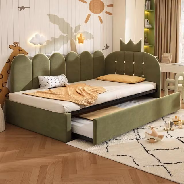 Letto per bambini 90x200 cm, testiera a forma di corona, con letto estraibile, in velluto, verde