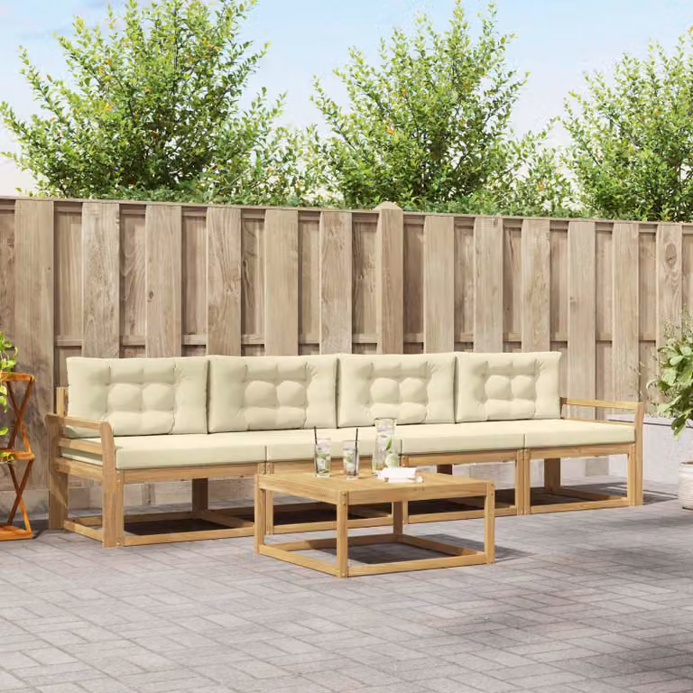 Set di divani da esterno vidaXL 4 pezzi in legno di acacia con cuscini, colori bianco, beige e marrone