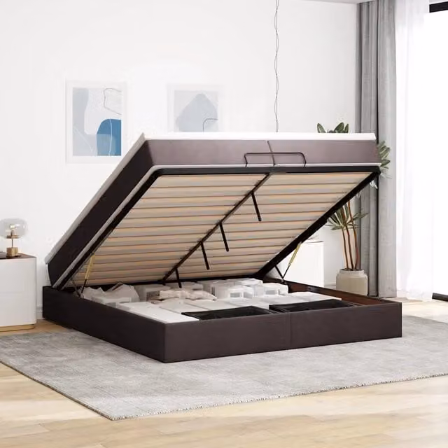Letto con contenitore a sollevamento vidaXL in tessuto marrone e bianco L: 200 cm, P: 200 cm, H: 203 cm – 1