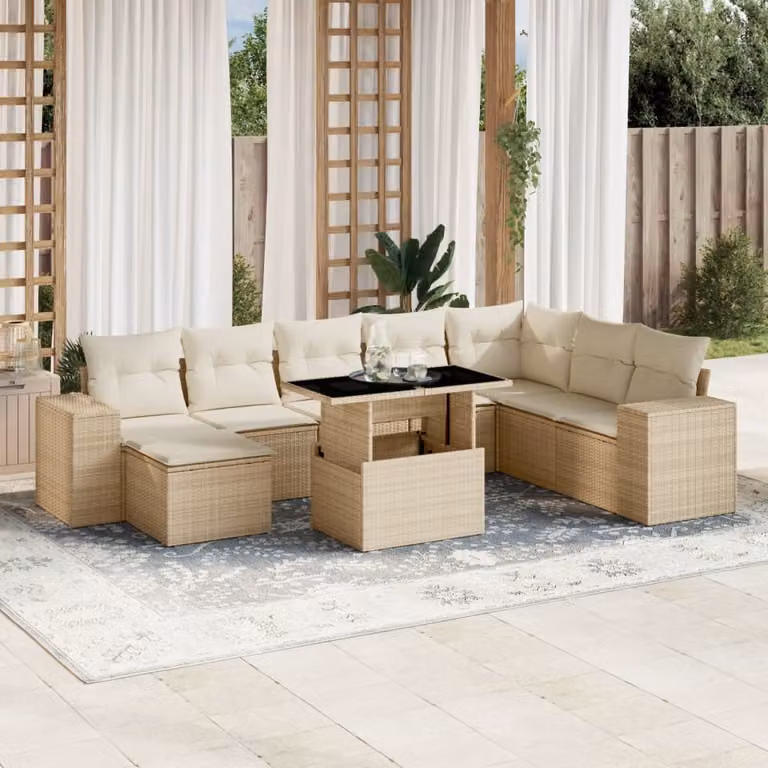 vidaXL Set Divano da Giardino a L 9 pz con Cuscini Beige e Tavolino in Metallo e Polyrattan