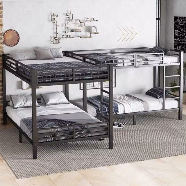 Letto a castello 349x206x170 cm con scala a tre gradini e rete a doghe in metallo e legno; nero