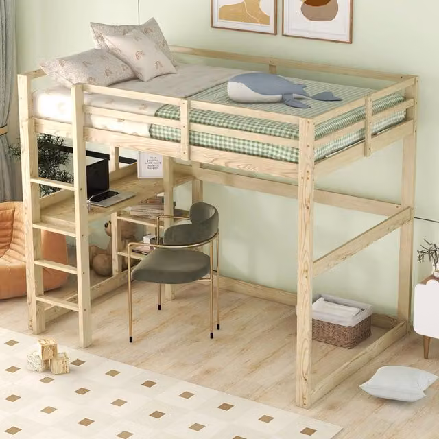 Letto a soppalco 140 × 200 cm 2 posti con scrivania e 4 ripiani, senza materasso, in legno di pino naturale