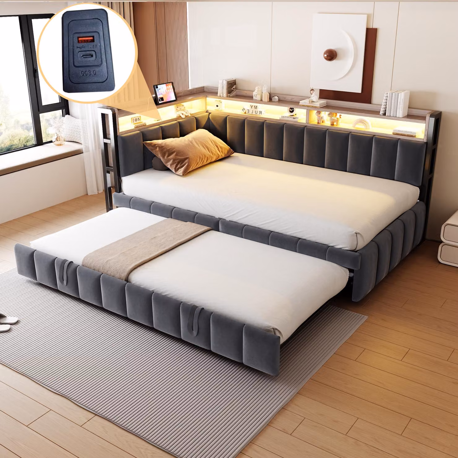 Letto imbottito Sweiko Divano letto 90x200cm con letto estraibile, illuminazione a LED e vani portaoggetti all'estremità della testa e dei piedi, dotati di connessioni USB e di tipo C. Divano letto singolo, tessuto di velluto grigio scuro