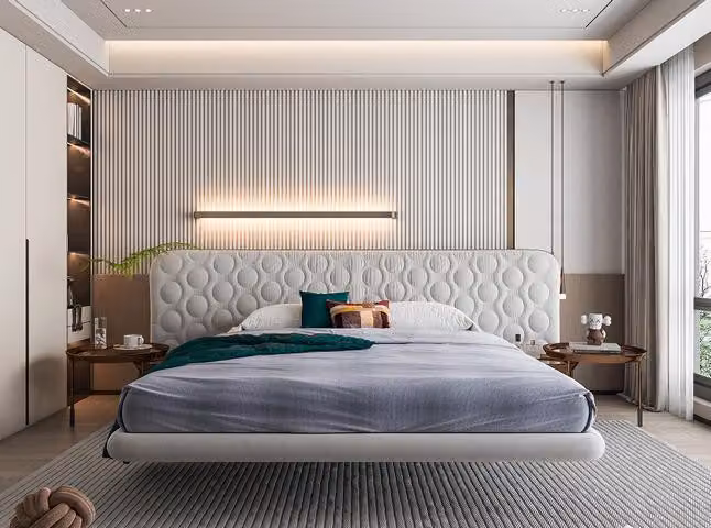 Modernes Bett Weiß Polster Kreis Quilted Design Minimalistisch Schlafzimmer