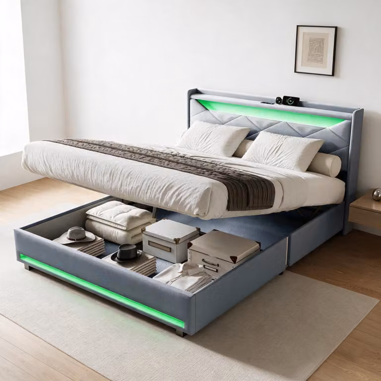 Letto con boxspring INONEFT, 140x200 cm, con luci LED e caricabatterie USB, letto contenitore con cassone, letto imbottito idraulico con spazio contenitore/rete, colore: lino, grigio