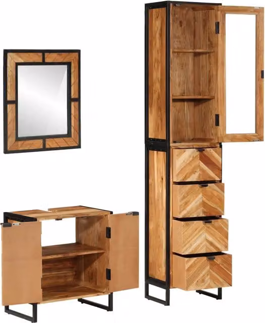 Set Mobili da Bagno 3 pz in Ferro e Legno Massello di Acacia 3217120