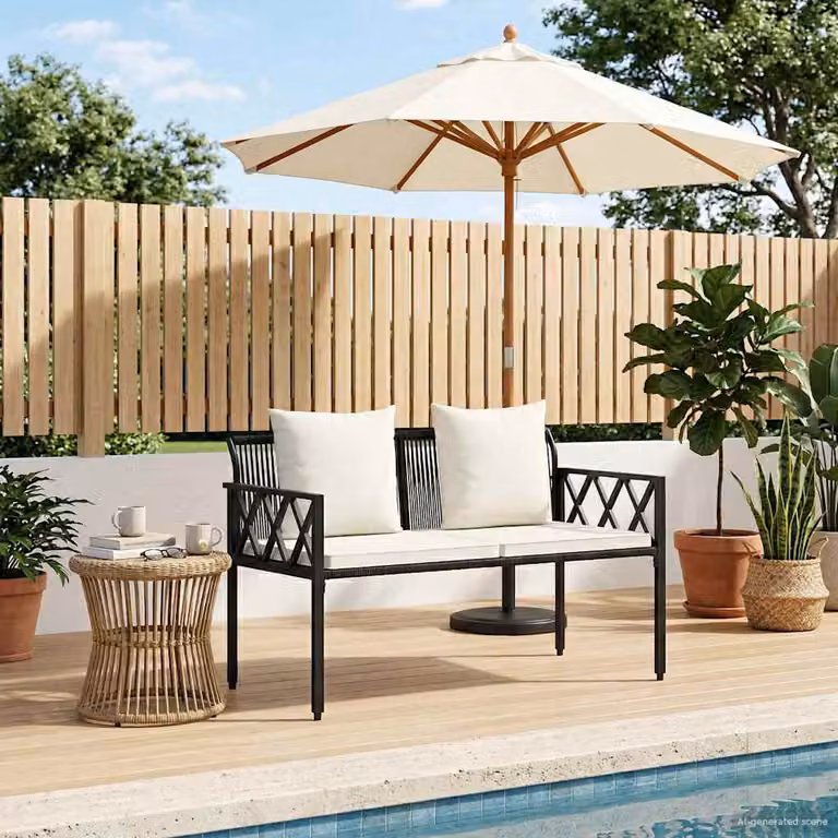 Panchina da esterno a 2 posti vidaXL in rattan e metallo con braccioli, L 116 x P 56 x H 75 cm