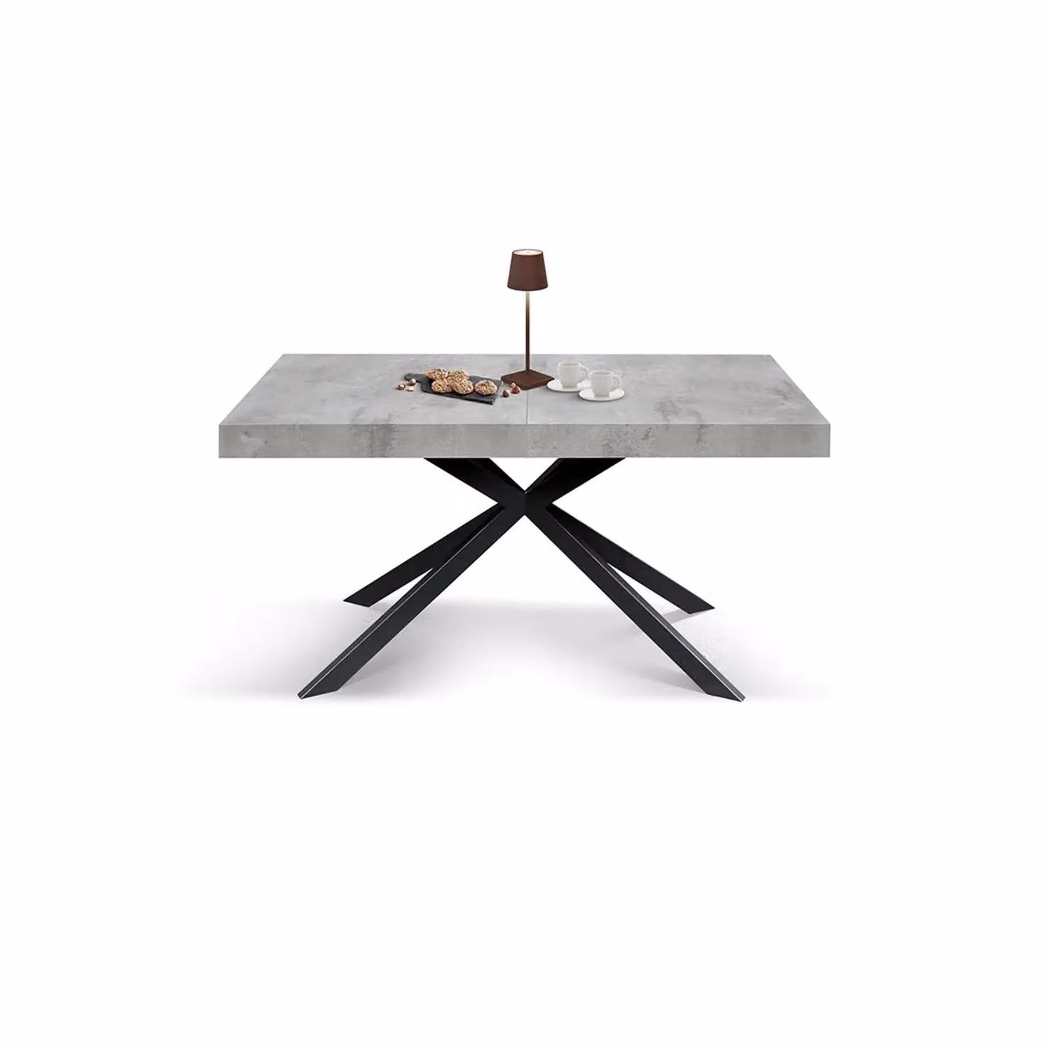 Tavolo CAMAIORE in legno, finitura grigio cemento e base a X in metallo antracite, allungabile 180×90 cm - 260×90 cm