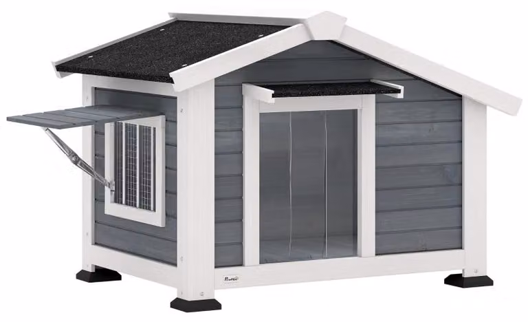 Cuccia per cani Moonbite, dimensioni 98 x 76 x 69,5 cm, realizzata in legno di abete, resistente alle intemperie, con tetto in asfalto, finestra a battente e fondo rialzato. Colore: grigio