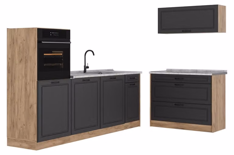 Cucina componibile Vicco R-Line Antracite country/Rovere dorato 220 cm piano di lavoro Marmo, Model 68128