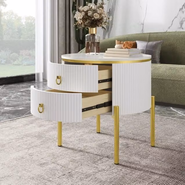 Tavolino con ripiani regolabili, piano effetto marmo bianco, gambe e maniglie dorate, 50x50x51 cm