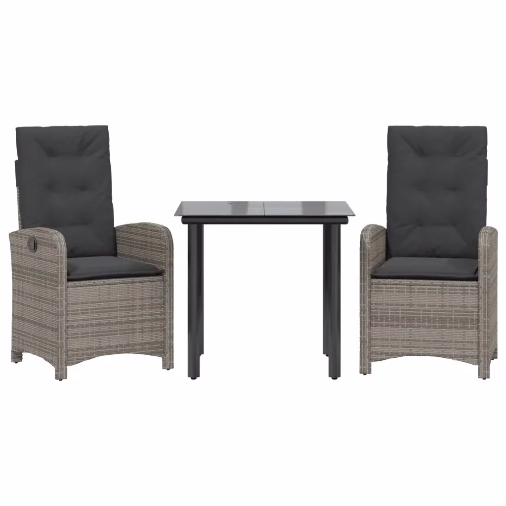 Set da pranzo da giardino moderno vidaXL in polyrattan grigio e nero con tavolo in vetro e 3 sedie con cuscini – 2