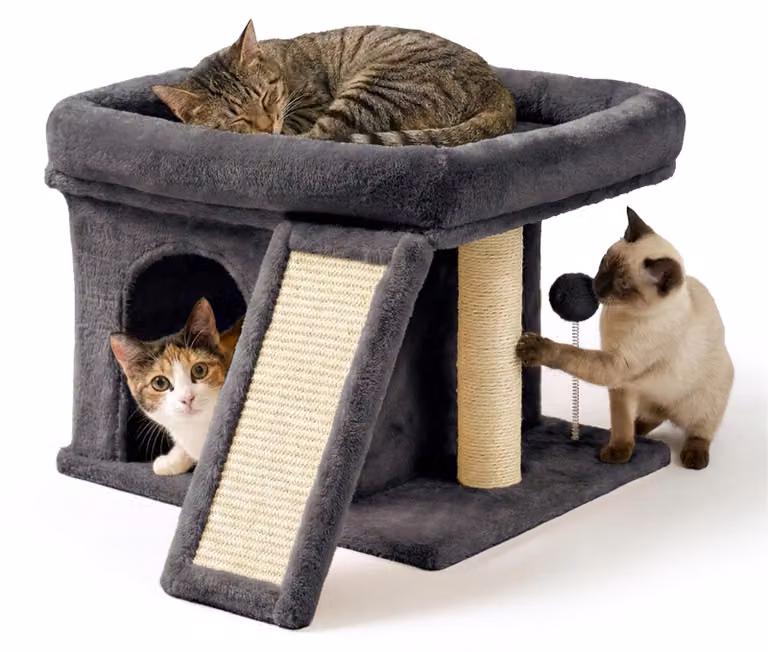 Albero per gatti Relaxdays, con cuccia, pannello per grattare e area relax, cuccia morbida, dimensioni: 38,5 x 54 x 45 cm, materiale: sisal, colore: grigio scuro