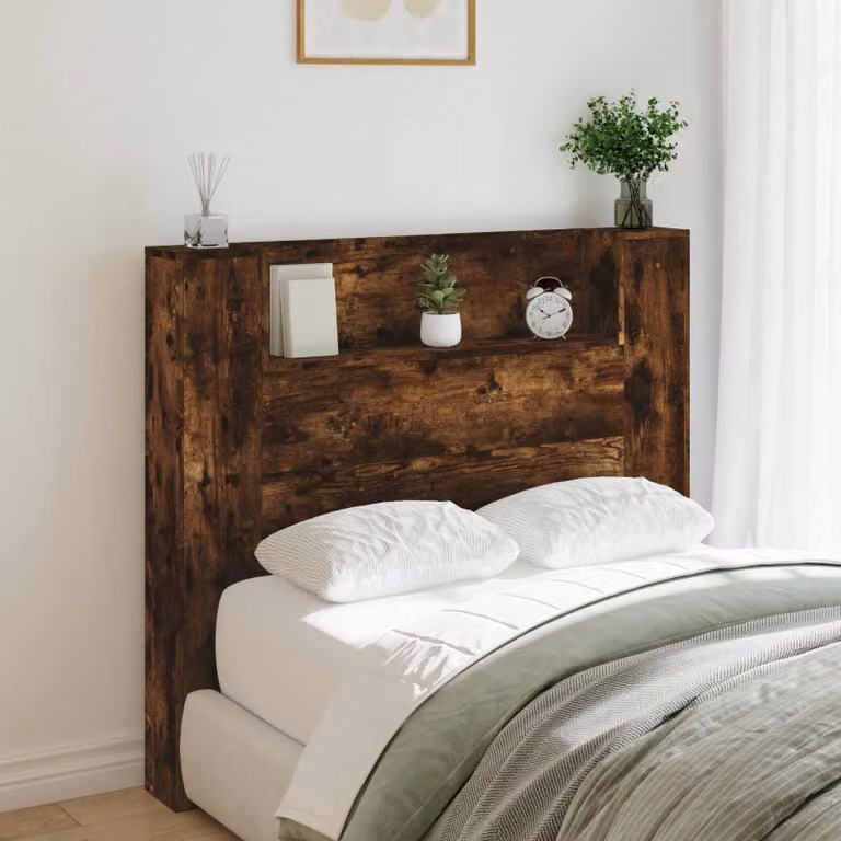Testiera con stoccaggio vidaXL in legno ingegnerizzato Rovere Fumo con LED, mensola integrata e porte USB, L: 120 cm, H: 103,5 cm, P: 16,5 cm