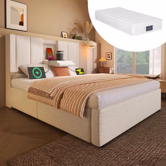 Letto singolo imbottito 90x200 cm con portabicchiere nascosto, stazione di ricarica USB, contenitore sottoletto e rete a doghe, beige con materasso