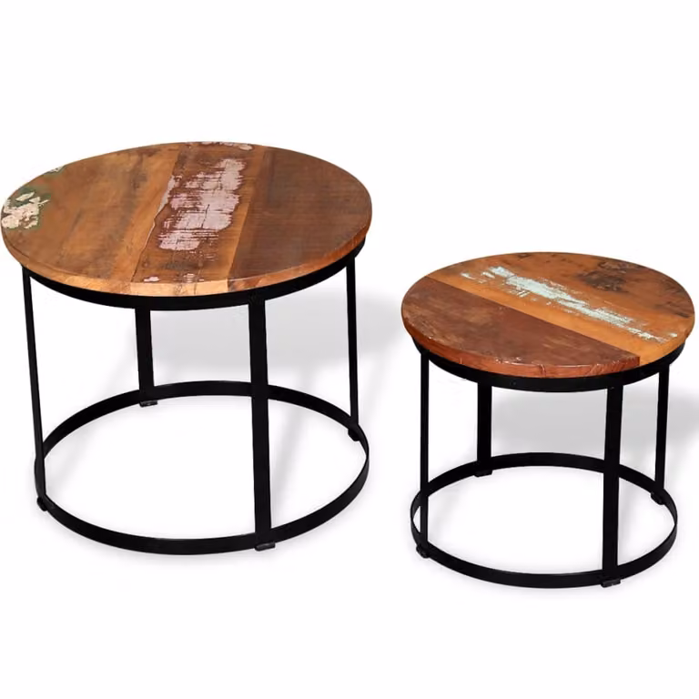 The Living Store Set di 2 tavolini da caffè in legno massiccio antico rotondo 40cm/50cm