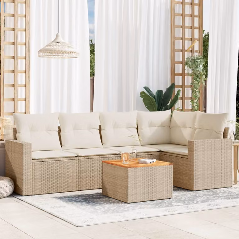 Set Divano da Giardino 6 pz vidaXL a Forma di L con Cuscini Beige e Tavolino da Caffè in Polyrattan e Acciaio