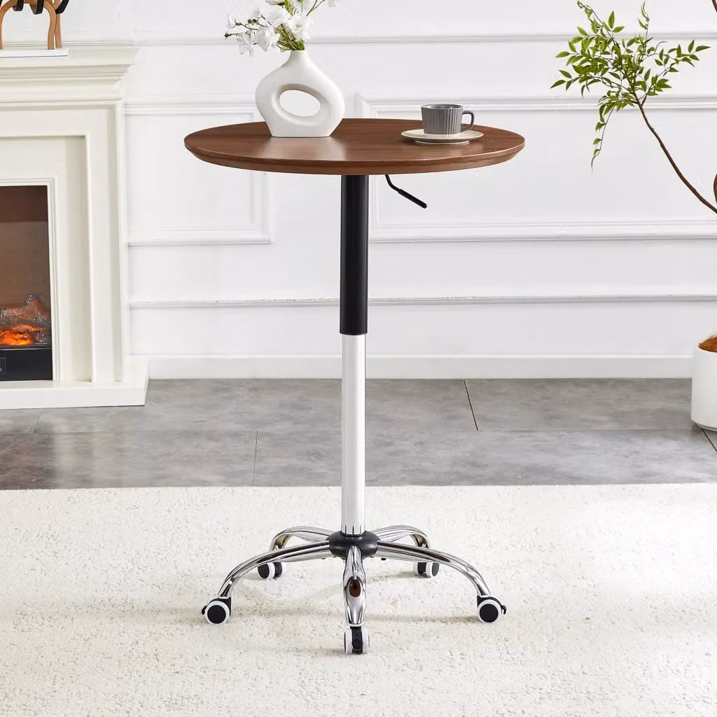 Tavolo rotondo regolamentabile in altezza OKWISH con ruote, diametro: 70 cm, colore marrone, in MDF e metallo per cucina e ufficio – 2