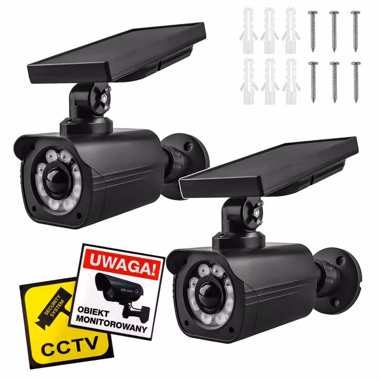 2 telecamere finte a energia solare con LED lampeggianti, sensore di movimento e illuminazione a LED. Include adesivi. Modello: SOL1800S/B