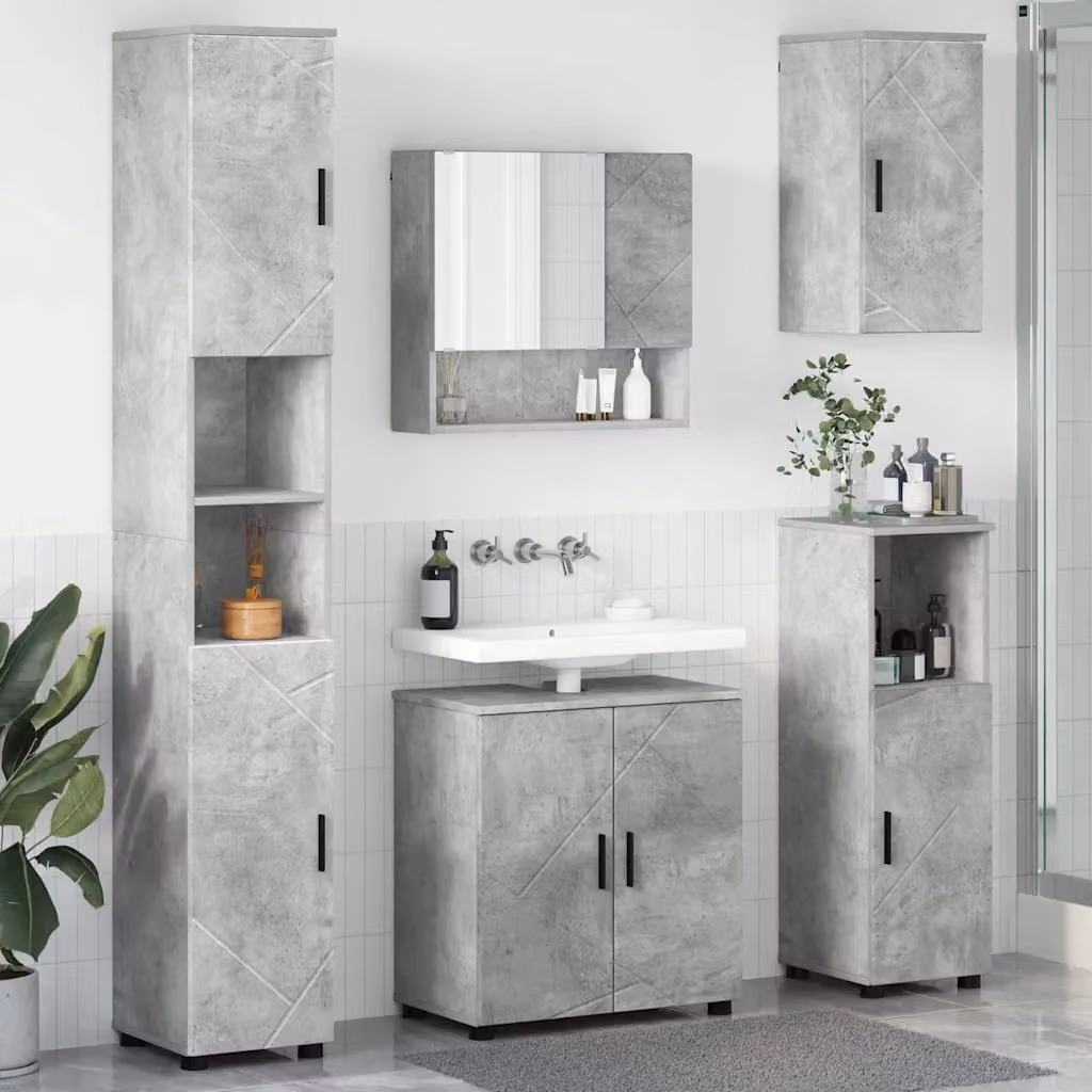 Set di mobili per il bagno moderno vidaXL in legno e metallo, colore grigio e nero, composto da mobile lavabo, armadietto con specchio e colonna, L/P/H: 61 x 35 x 64 cm – 1