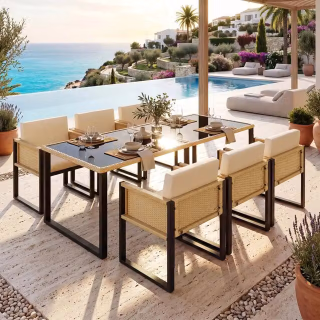 Set tavolo e sedie da pranzo in polirattan per esterni, gruppo pranzo giardino 6 posti con poltrone, rivestimenti in tessuto rimovibili e lavabili