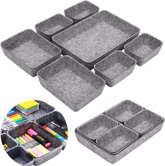 Set di 7 contenitori, scatole portaoggetti, feltro, 3 misure, ufficio, bagno, toeletta