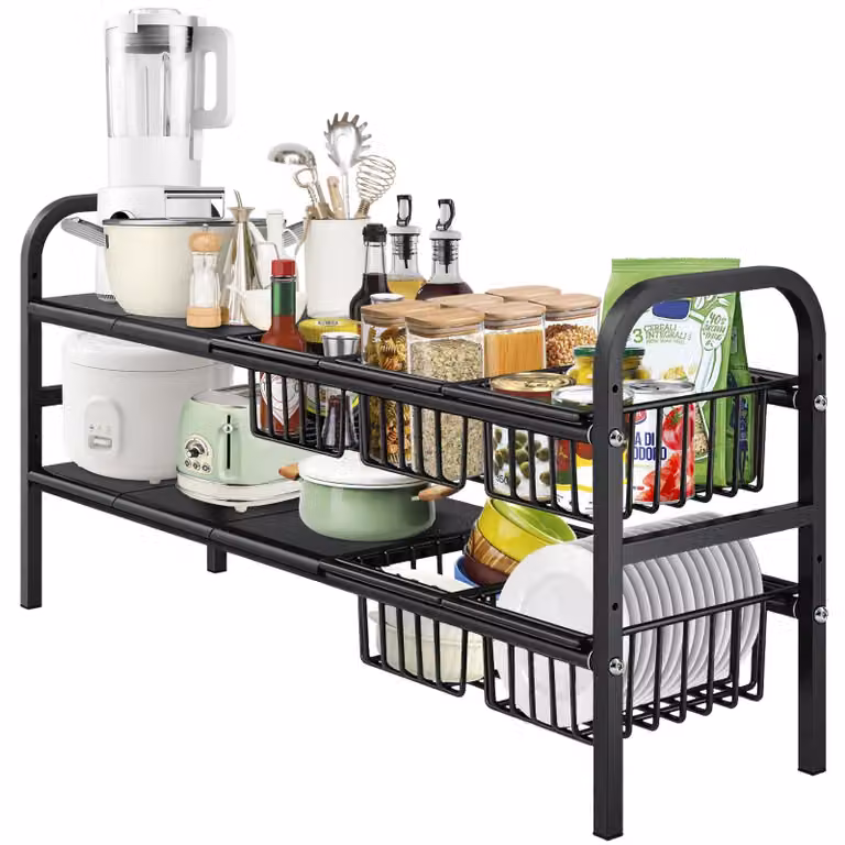 Organizer per armadietto da cucina con 2 ripiani e cesti di stoccaggio