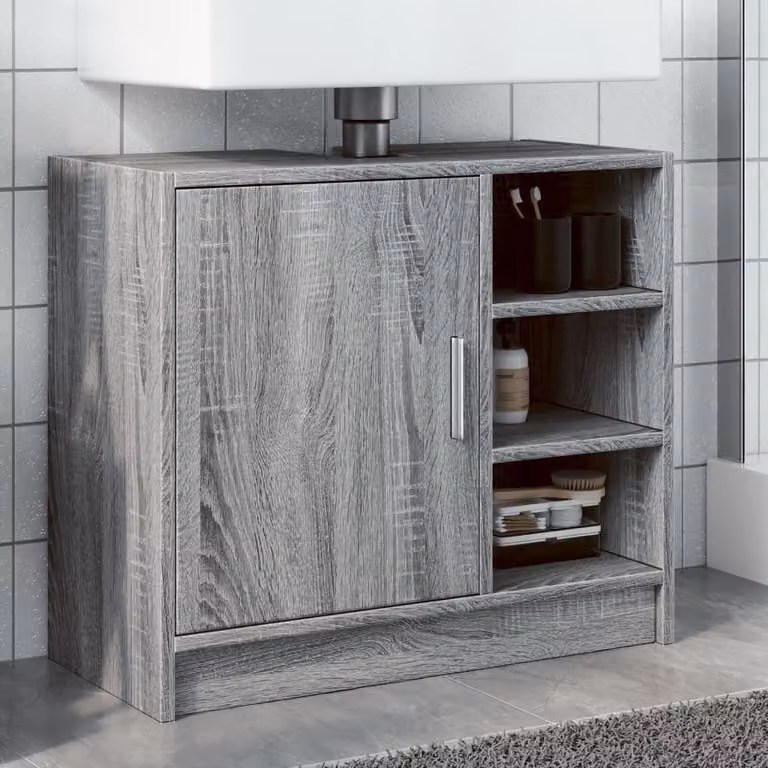 Mobile Lavabo vidaXL Grigio Sonoma in Legno Multistrato con Ripiani e Ante, L 63 x P 29 x H 55 cm