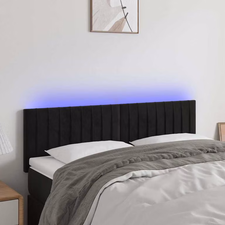 Testiera per letto vidaXL in velluto nero con illuminazione LED e porta USB, L 144 x P 5 x H 78/88 cm