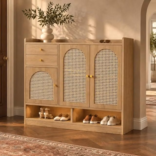 Scarpiera con LED, 3 ante in rattan, 2 cassetti e ripiani regolabili per ingresso, MDF naturale, 120 × 35 × 100 cm