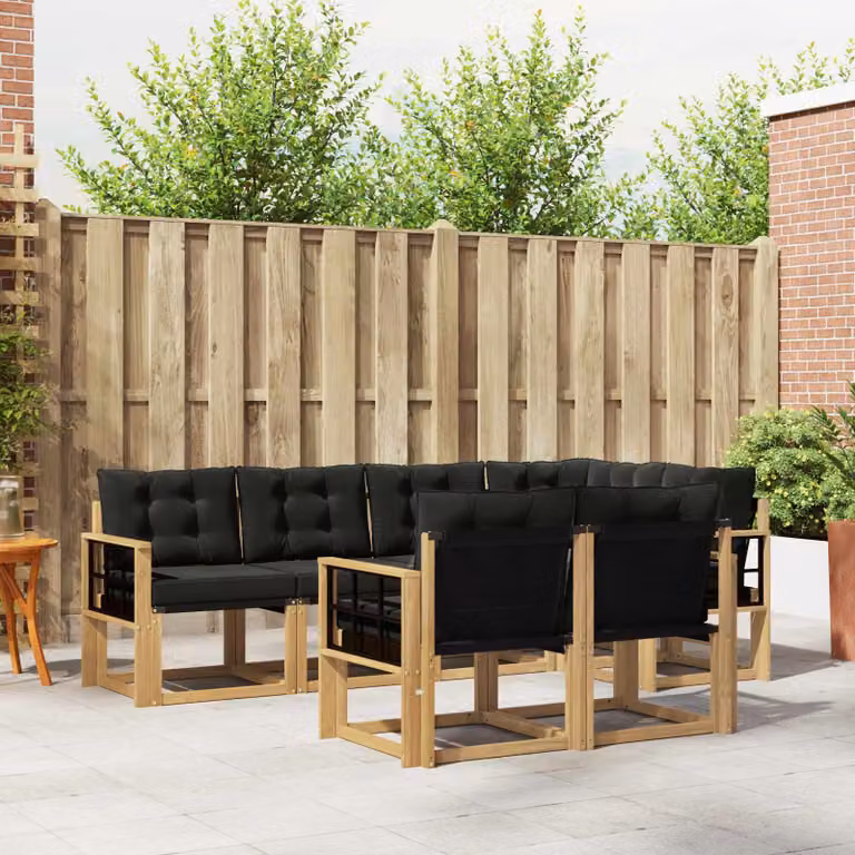 Set di divani da esterno vidaXL 7 pz in legno di acacia con cuscini bianco, nero e marrone